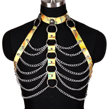 

Metal Gold Harness Leather Breast Belt Chain Bra Pastel Goth Punk Crop Tops Night Rave Costume Plus Size adjust Women Lingerie