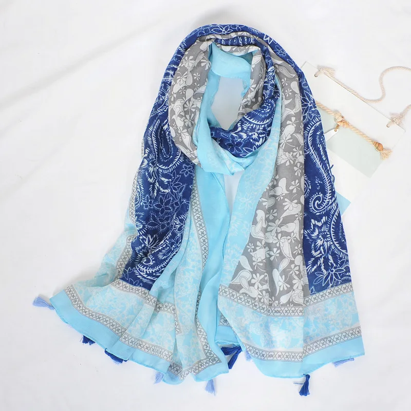 2021 Women Autumn African Blue Patchwork Floral Viscose Shawl Scarf High Quality Print Wrap Pashmina Snood Bufandas Muslim Hijab