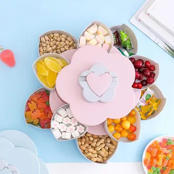 

1pc Candy Food Container Double-layer Rotating Fruit Bowl Petal Shape Snack Storage Tray Flower Design