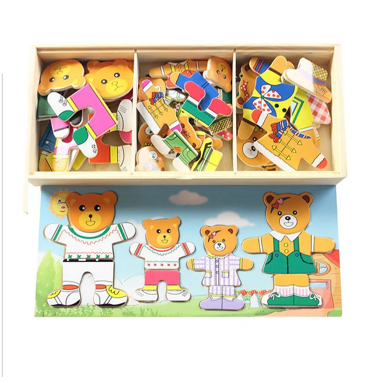 

Wooden Four Bears Dress Educational Toy Family of Four Huanyi Matching Cognitive Game Jigsaw Puzzle