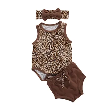 

Newborn Toddler Baby Girls Clothes sleeveless round neck Leopard Vest Style Bodysuit Solid Color Shorts with Headband