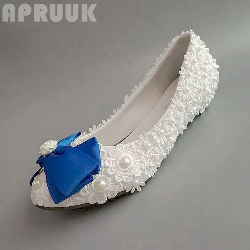 Wedges 3CM tiny heel white lace wedding shoes bride handmade luxury flower pearls royal blue bow bridal brides woman | Обувь