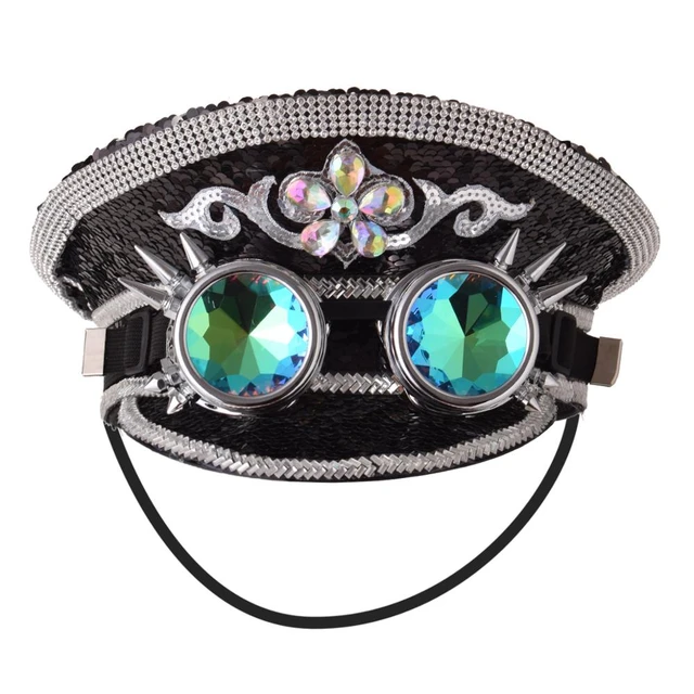 Military Cap Women Steampunk Hat with Goggles Luxury Gay Pride Rhinestone  Sequin Top Hats Party Costumes