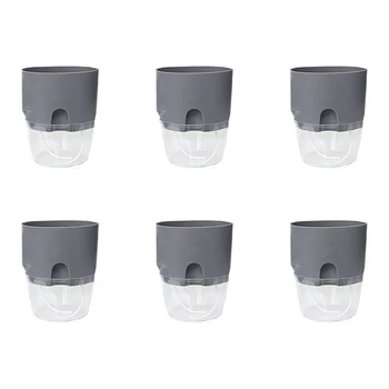 

6Pcs 2 Tiers Creative Storing Water Self Watering Garden Planter Modern Flower Pot Garden Flower Planter Pot - Grey+Transparent