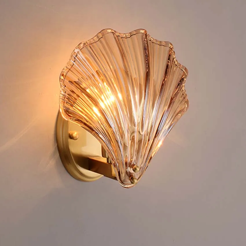 Modern Glass Brass Seashell Shade LED Porch Wall Light Bedroom Night Sconces E14