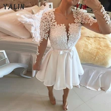 

YALIN White Short Homecoming Dresses Lace Long Sleeve Vestido De Festa Pearls Appliques Dress Bow Belt Wedding Prom Gown