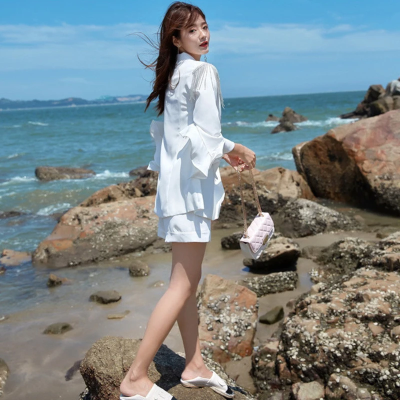 CHICEVER костюмы для женщин с кисточками алмазные лацканы воротник оборками рукава