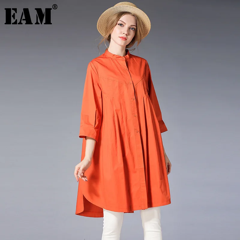 

[EAM] 2019 New Spring Stand Collar Long Sleeve Solid Color Black Loose Big Size Long Shirt Women Blouse Fashion Tide JE17101XL