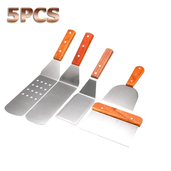 

5Pcs/set Stainless Steel Spatula with Wood Handle Grill Griddle Salad Scraper Chopper BBQ Baking Cooking Utensils Kitchen Tools
