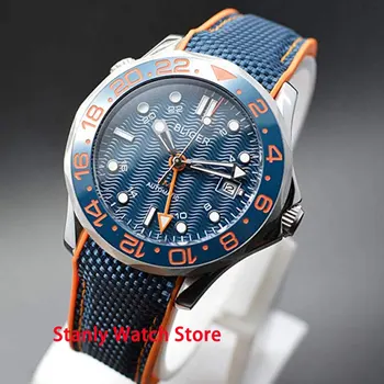 

Sapphire glass Bliger 41mm blue dial ceramic bezel luminous marks GMT function rubber strap 3804 automatic movement men's watch