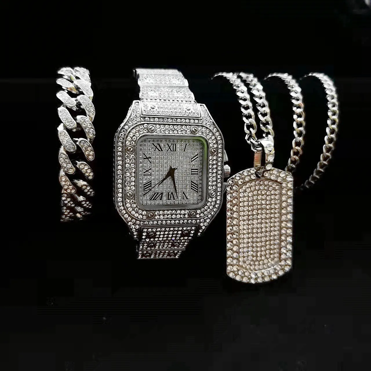 Watch Necklace Bracelet Men 3pcs Luxury Iced Out Watch Men Bling Cuban Chains Fashion Jewelry Square Pendant Mens Gold Watches