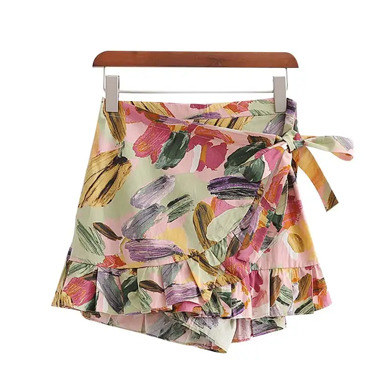 as picture Vadim women fashion floral pattern shorts skirts ruffles bow tie elastic waist side zipper female sweet shorts SA183 - Цвет: as picture