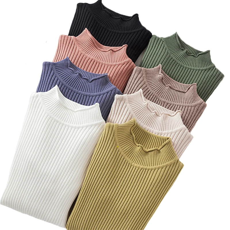 

2020 Knitted Pullovers Fall Winter Ruffles Sweater Turtleneck Ruched Women Sweaters High Elastic Solid Female Slim Sexy Sweaters