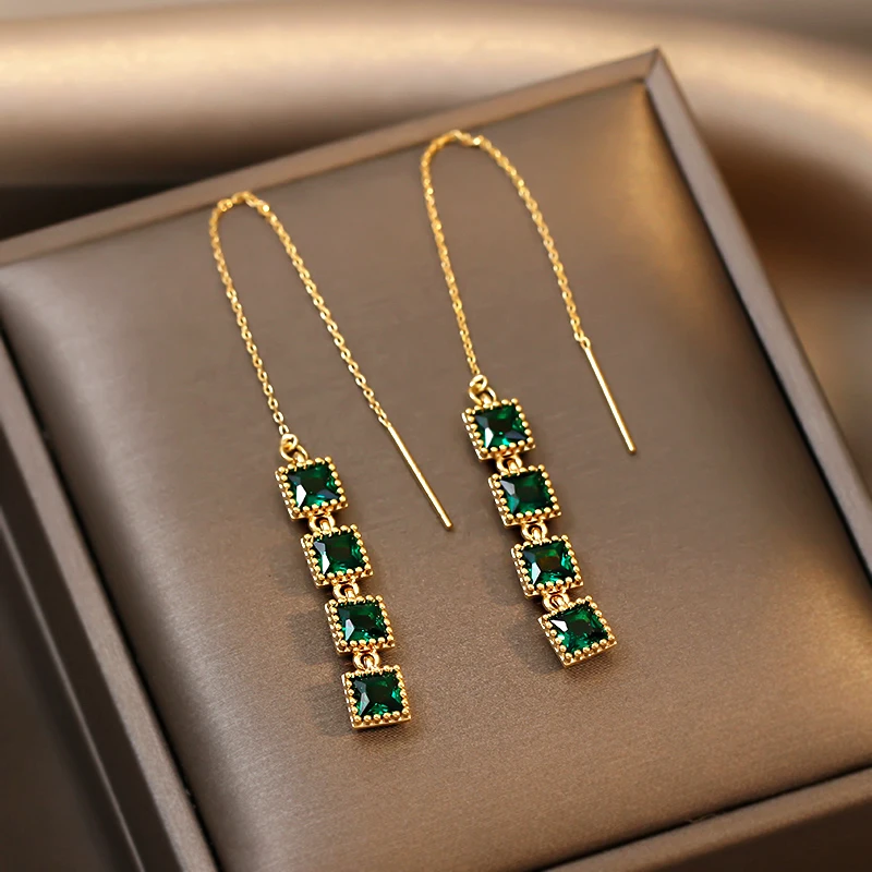 Women Dangle Drop Long Earrings Zircon Charm Bride Wedding Gold Color Tassel