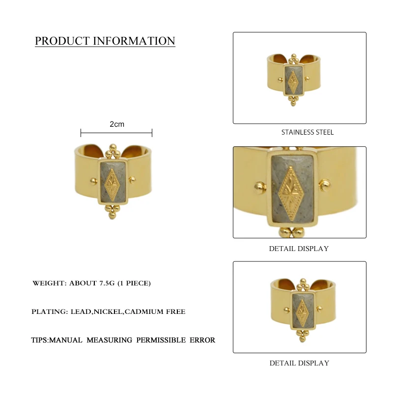 Finger Ring Stainless Steel Three Colors Natural Stone Vintage Jewelry For Women