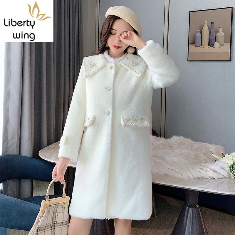 

Elegant Hairly Blends Long Crystal Beads Slim Fit Women Overcoat White Office Ladies Outerwear Wool Coat