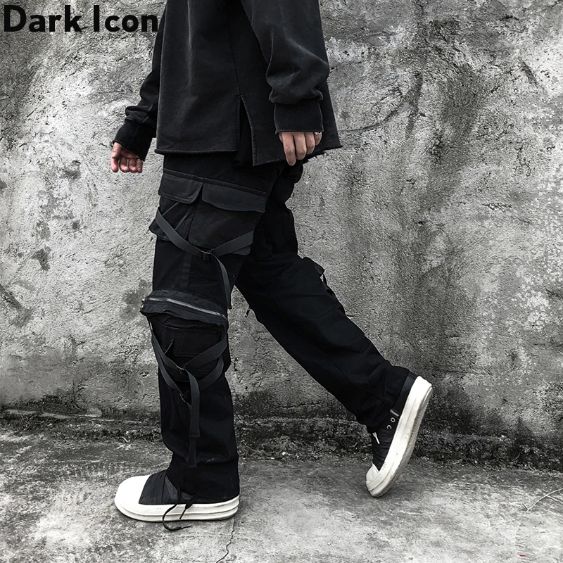 

Dark Icon Ribbon Zipper Pocket Hip Hop Pants Men Cargo Pants Street Dance Men's Trousers Straight Style