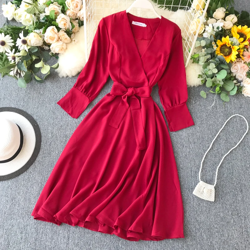 wine red Винтажное приталенное платье с v-образным вырезом, весна-осень, миди, длинное Бандажное платье, вечерние, элегантные, для женщин, а-силуэт, с рукавом 3/4, вечернее платье - Цвет: wine red