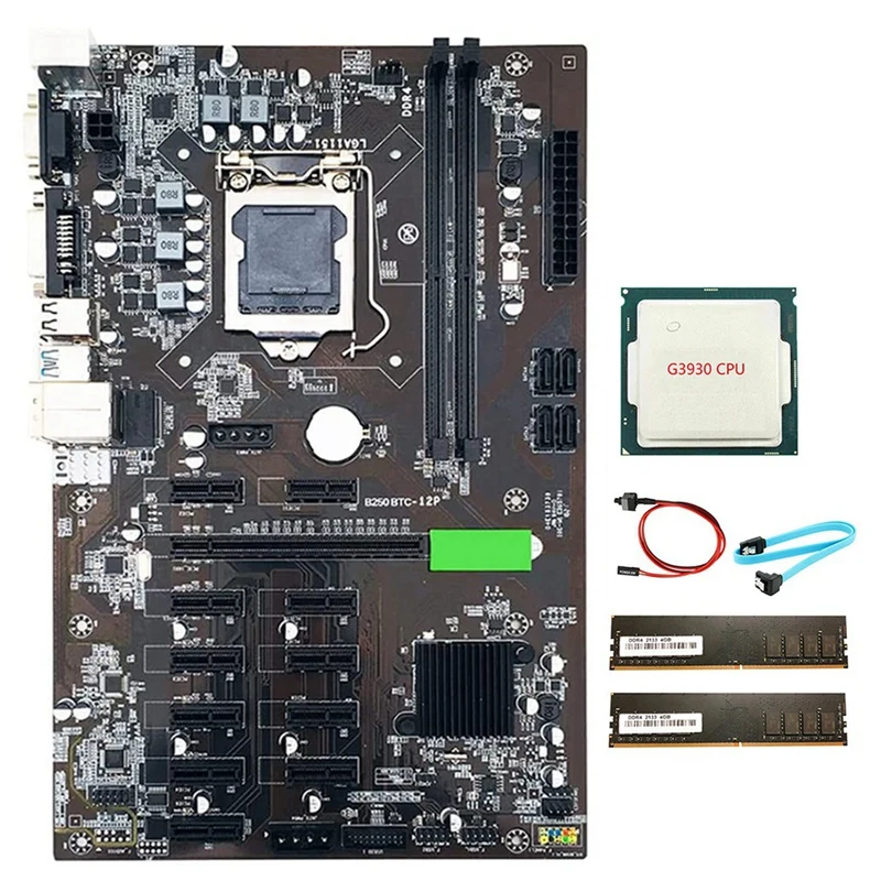 B250 BTC Mining Motherboard LGA 115 with 2XDDR4 4GB 2133MHZ RAM +G3930 CPU +SATA Cable+Switch Cable Support VGA DVI the most powerful motherboard