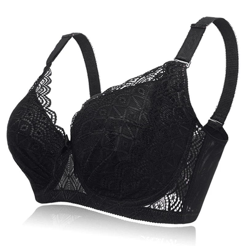 Black Bra Plus Size Push Up Lace Bras For Women Full Cup Underwire Thin Underwear - Color: Black