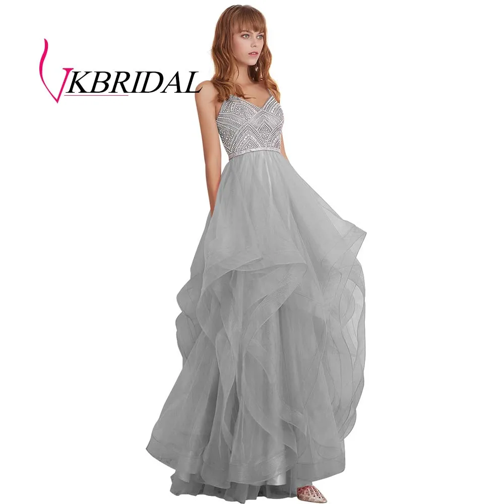 Серебристый VKBRIDAL красные многоуровневые тюлевые платья для выпускного вечера новые Бальные платья с бисером и кристаллами официальное длинное вечернее платье - Цвет: Серебристый
