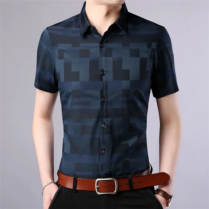 NaranjaSabor новые летние весенние модные мужские рубашки в клетку приталенная рубашка с коротким рукавом Мужская блузка брендовая одежда 4XL N561 - Цвет: Blue