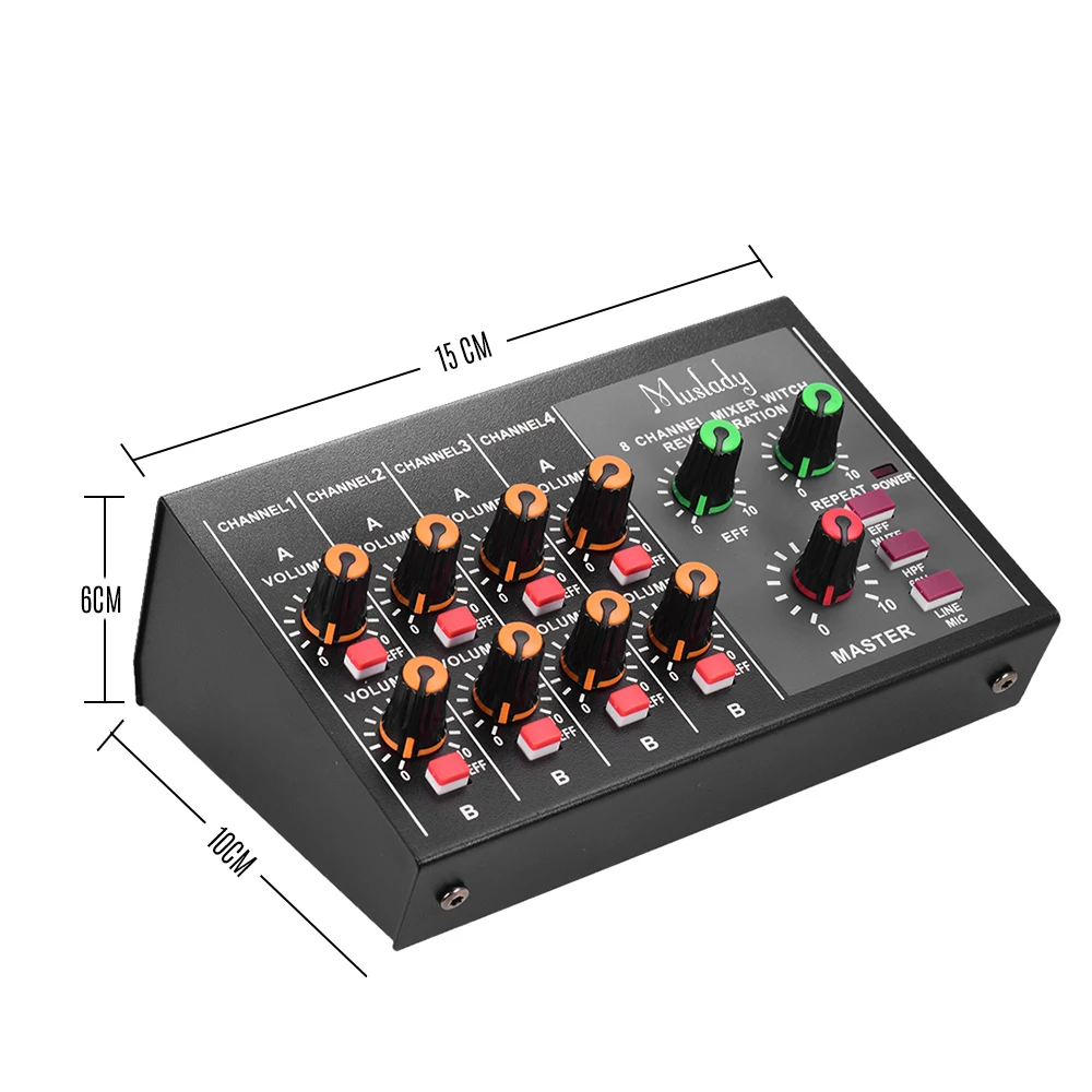 Muslady M-228A компактный Размеры 8-канальный подойдет как для повседневной носки, так/стерео аудио DJ микшер с реверберация(Функция 60Гц Частотный резки