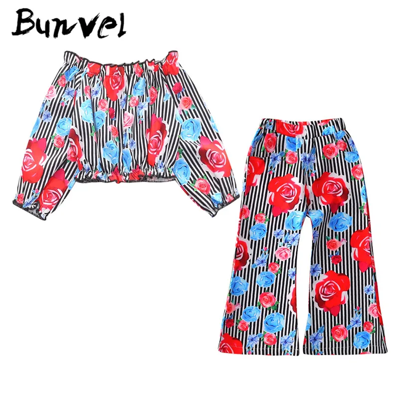 Bunvel/костюмы для девочек осенняя одежда для новорожденных девочек детский комплект, топ с принтом розы+ штаны комплект одежды из 2 предметов с длинными рукавами - Цвет: Синий