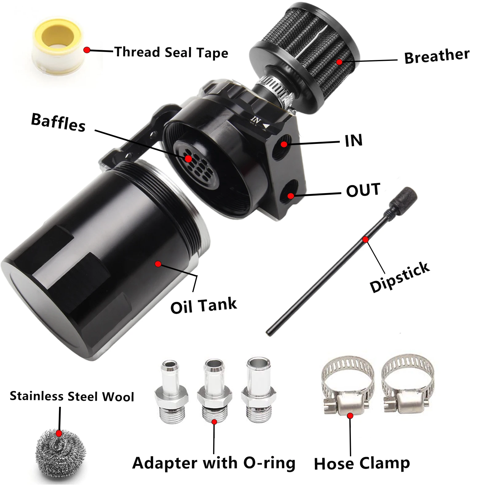 Oil Catch Can Car Baffled Reservoir Tank with Air Filter Breather Aluminum Fittings Oil Dipstick Hole