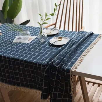 

Plaid Embroidered Simple Tablecloth Solid Color Cotton Linen Small Fresh Fabric Tassel Rectangular Coffee Table Dining Table