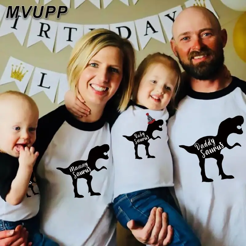 

Dinosaur animal print Family Look Mother Daughter Matching Outfits long sleeves tshirt patchwork 2 colors harajuku tops mom tee