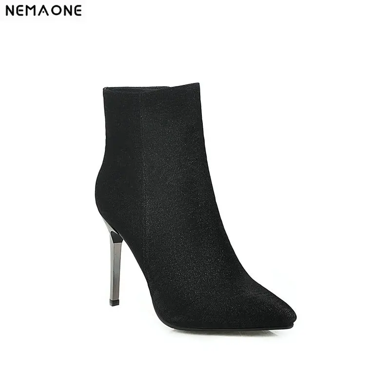 

NEMAONE stretch fabric High Heels shoes woman ankle boots spring autumn Women party wedding Boots large Size 34-43