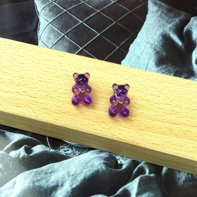 Маленькие милые прозрачные серьги в виде медведя для женщин и девочек, яркие цвета, Мультяшные детские Студенческие модные полимерные сережки oorbellen - Окраска металла: purple