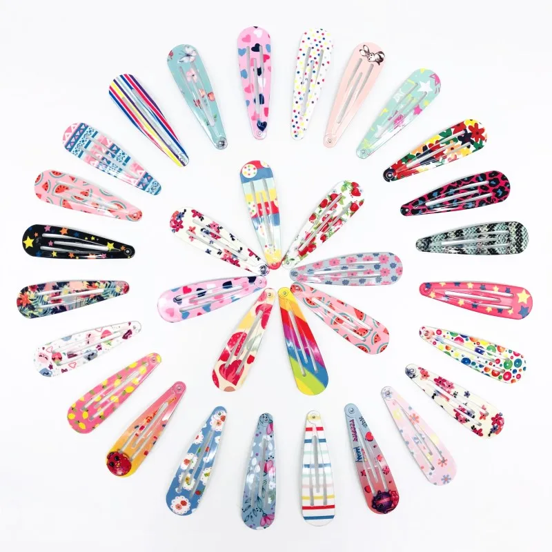 

30Pcs/Lot 5cm Girls Hair Clips Flower Rainbow Printed BB Hairgrip Metal Snap Hairpin Heart Hair Accessories Drop Alloy Headdress