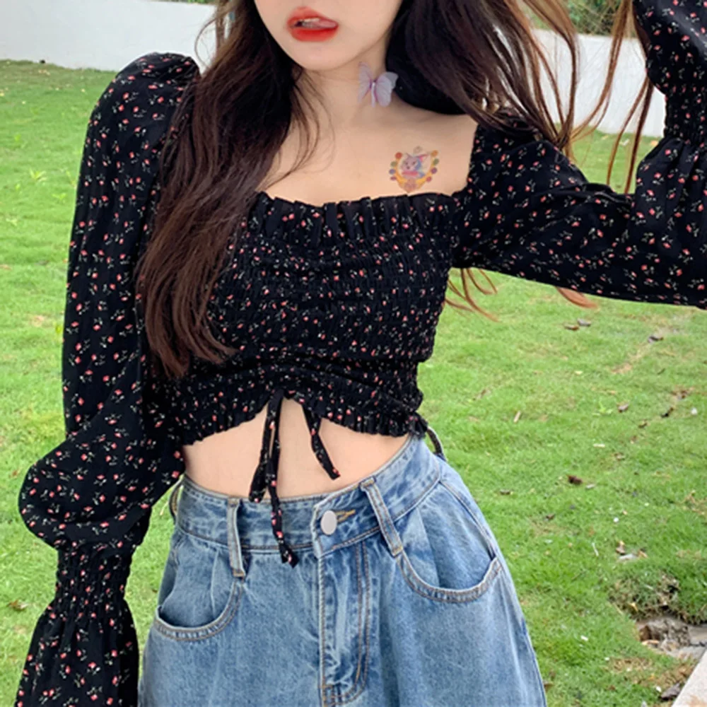 Floral Pleated Women Blouse Vintage Boho Lace-Up Square Neck Pullover Long Sleeve Slim Preppy French Romantic Casual Lady Tops