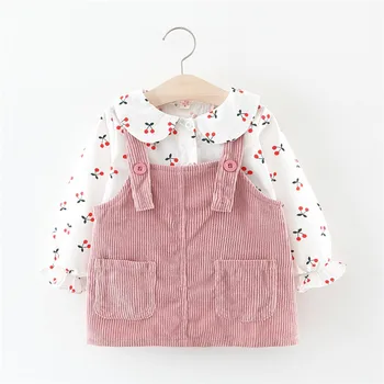 

Baby Dress Set Newborn Girl Autumn Cherry Long Sleeve Shirt 2020 New Baby Girls Solid Strap Pocket Dress Cute Princess Dresses