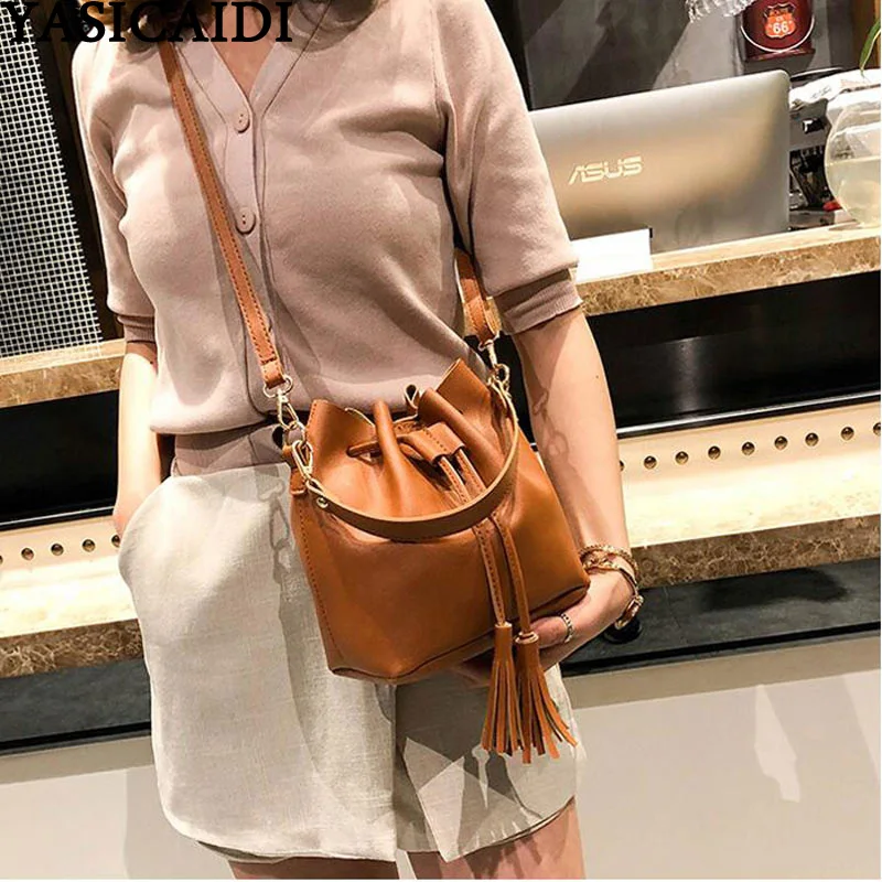 

YASICAIDI Fashion Bucket Handbag Solid PU Leather Ladies Top-Handle Bags With Tassel Crossbody Bags For Women Sac A Main Femme