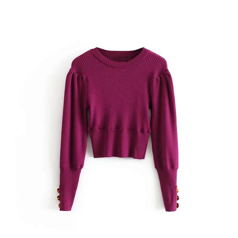 

Pullover Autumn Winter Short Sweater Knitting Women Basic Slim O-Neck Fashion Women Solid Simple Button Decoration Ladies Tops