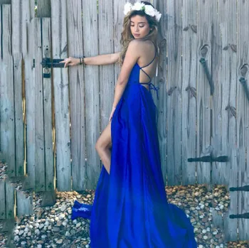

Royal Blue Full Sexy Open Back Prom Dress Side Slit Halter Evening Dress Formal Party Dresses vestido de noiva azul
