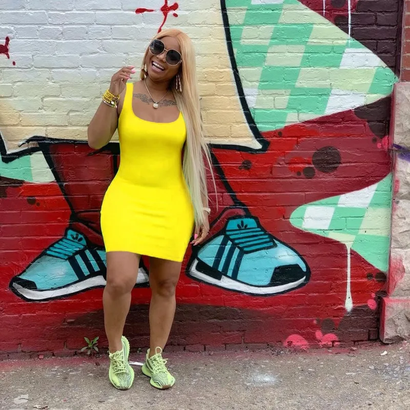 

2019 New Women Summer O-neck Sleeveless Bodycon Above Knee Mini Dress Sexy Casual Tank Dresses Skinny Yellow Vestidos 2 Colors