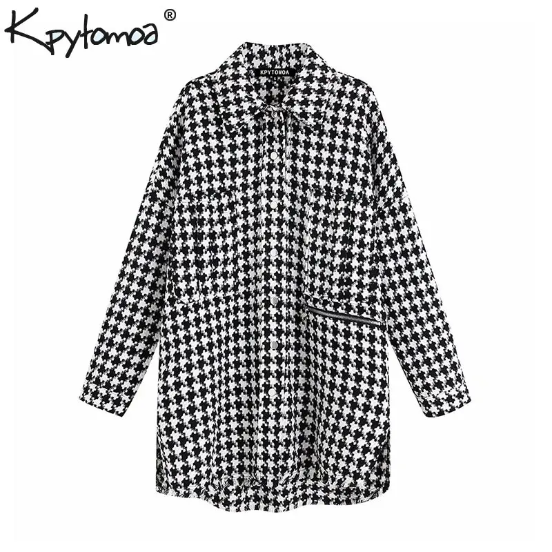 Kopen Vintage Stijlvolle Oversized Houndstooth Jas Jas Vrouwen 2020 Fashion Pockets Verzwakte Zijsplitjes Losse Plaid Bovenkleding Chic Tops