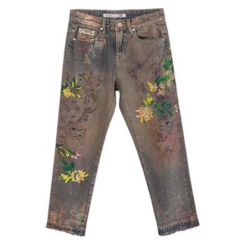 

Summer Fall Designer Women Colored Embroidery High Waist Ripped Rivets Denim Trousers , Painted Jeans Straight Pants for Woman