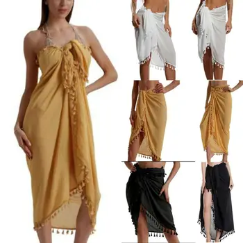 

2020 Brand New Women Clothes Fashion Summer Chic Swimwear Tassel Bikini Cover Up Beach Wear Long Wrap Skirt Sarong Dresses