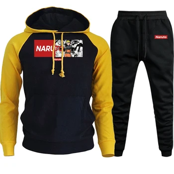 

2019 New Autumn Winter Japan Anime Hoodies Raglan Mens Streetwear Naruto Pullover Suit Male Fleece Hooded+Pants 2 Piece Sets