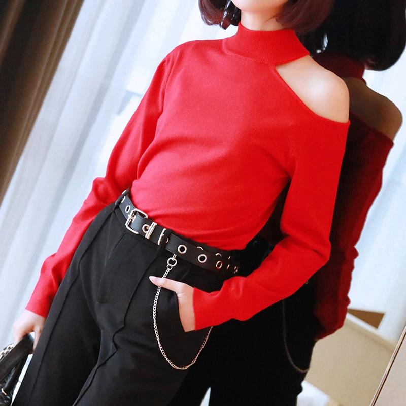 

M-XXL Large Size Off-shoulder Black Short 2019 Autumn Sweater Women Turtleneck Oversize Pullover Red Sweaters Basic Fall Clothes