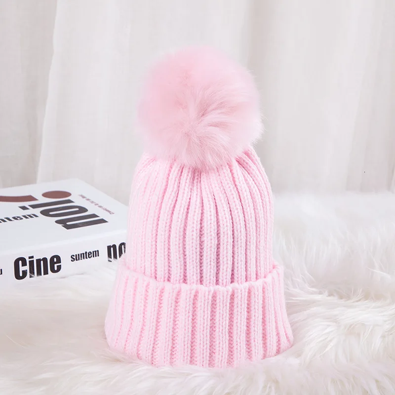 Меховая помпон зимняя шапка Skullies Beanies теплая шапка эластичные трикотажные лыжные шапочки детские меховые шапки с помпоном для девочек и мальчиков