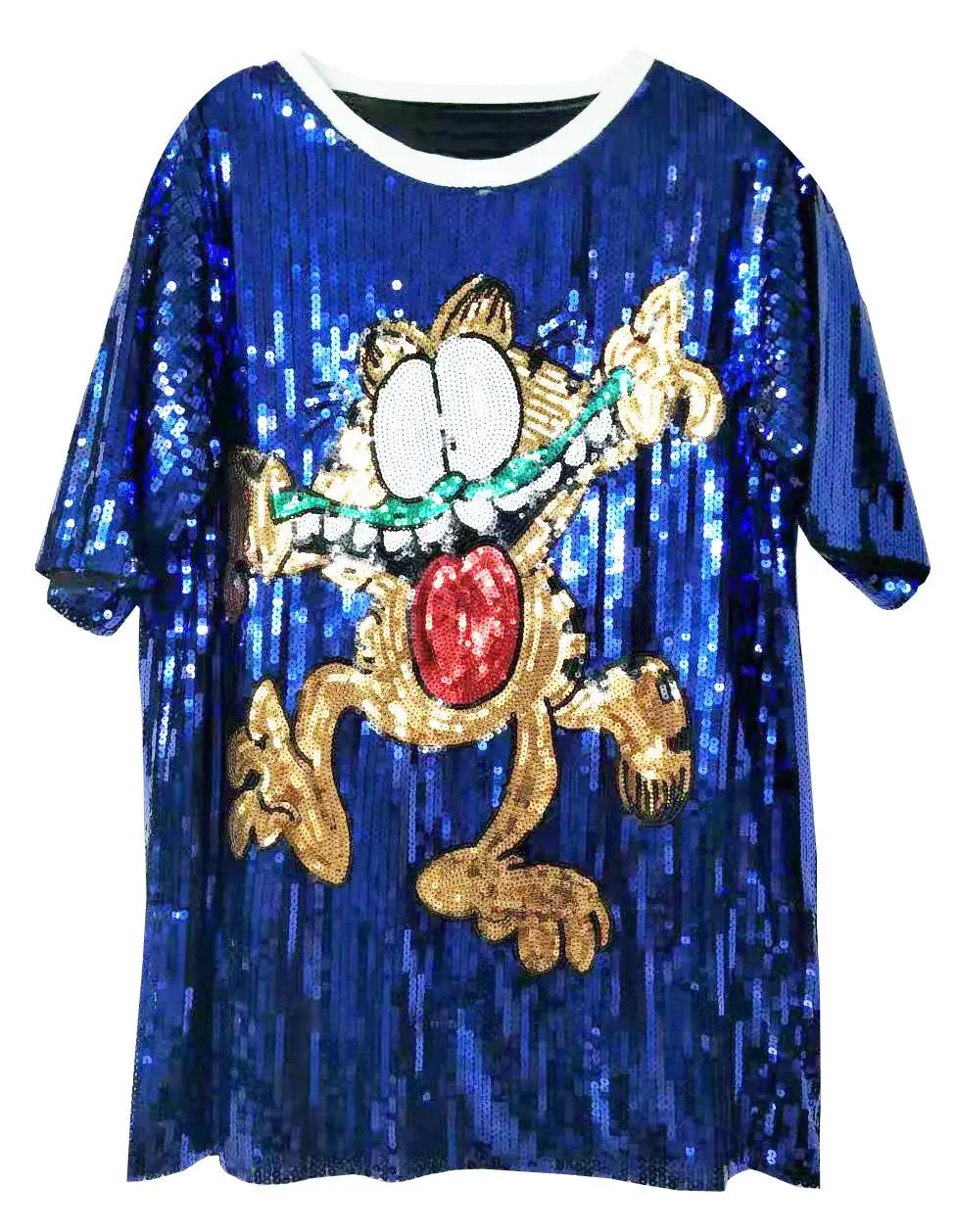 Plus Size Casual Straight Embroidery Cartoon Short Sleeve Sequined Patchwork Black Red Mini O-neck Party Sexy Cocktail Dress - Цвет: blue