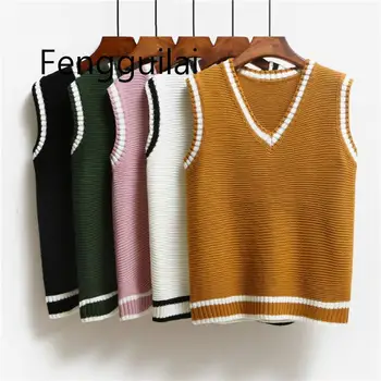 

FENGGUILAI Casual New Fashion Women Autumn Spring Sweaters 2020 V-neck Sleeveless Solid Color Vests Sweaters Loose Pullover Tops