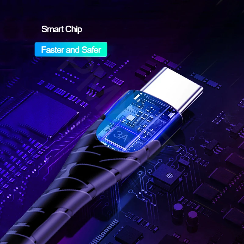 1 м type-C кабель для samsung A50 S10 S9 S8 светодиодный USB C кабель для синхронизации данных и быстрой зарядки для Xiaomi Mi9 Mi8 Redmi Note 8 USBC провод шнур
