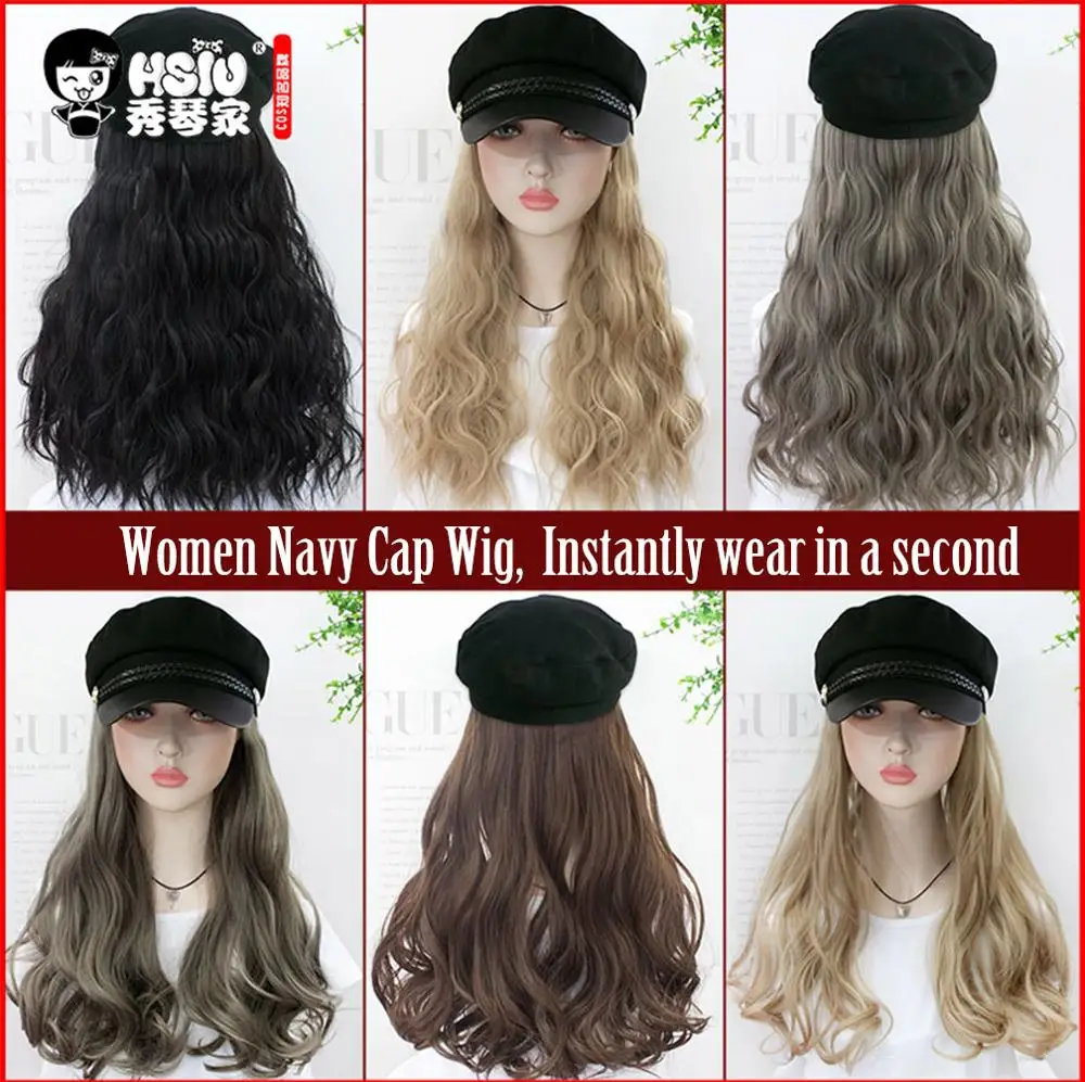 

HSIU Retro Women military Cap Wig,Military Flat Cap Wig Long Wavy Synthetic Hair Fall Winter Retro octagonal hat fiber wig
